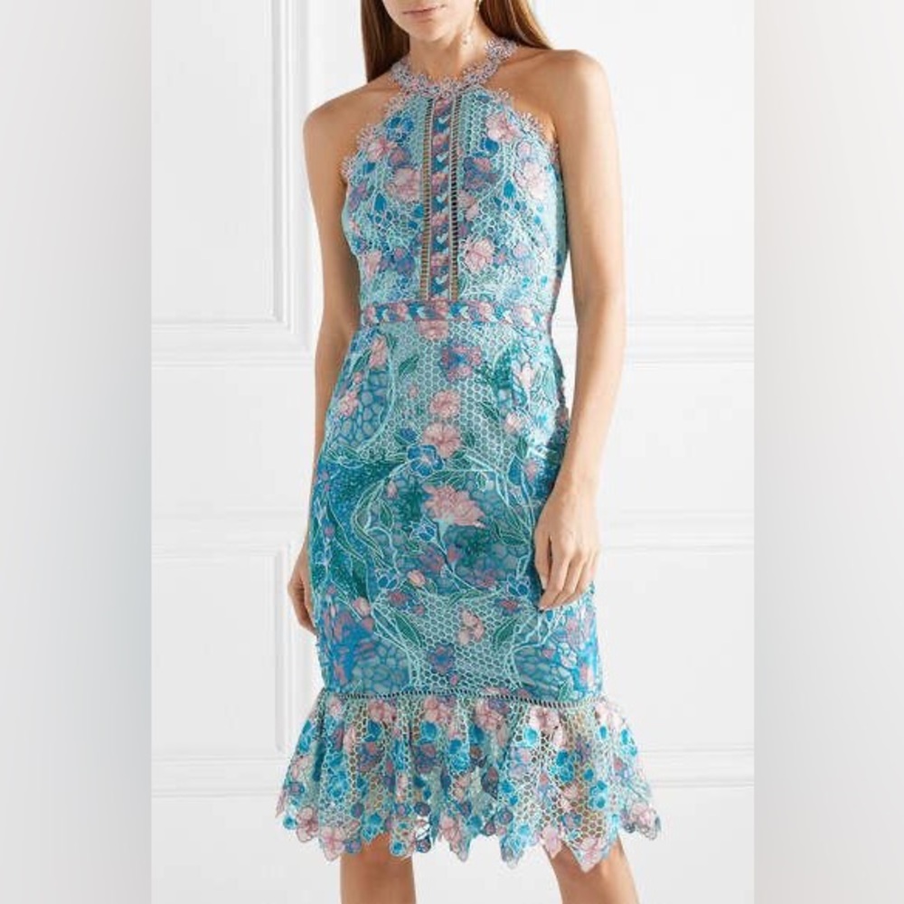 NWOT Marchesa Notte Ruffled Embroidered Guipure Lace Dress